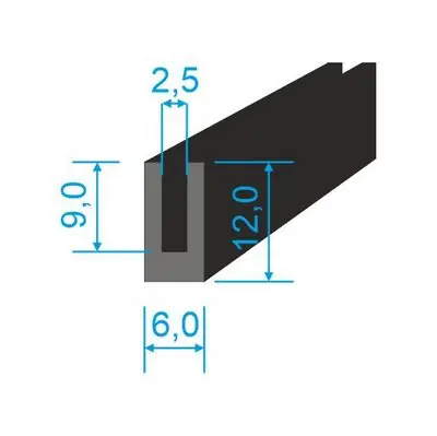 00535273 Pryžový profil tvaru "U", 12x6/2,5mm, 70°Sh, EPDM, -40°C/+100°C, černý Hit Sezóny