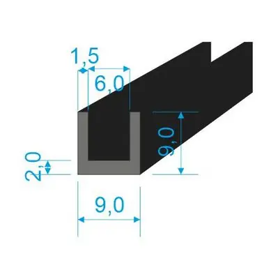 00535090 Pryžový profil tvaru "U", 9x9/6mm, 70°Sh, EPDM, -40°C/+100°C, černý Expresní Doručení