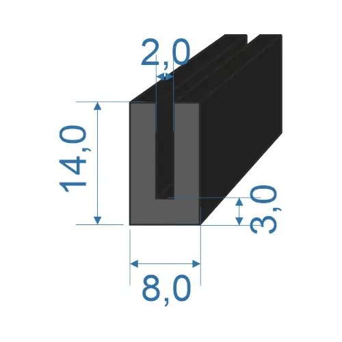 2984 Pryžový profil tvaru "U", 14x8/2mm, 60°Sh, EPDM, -40°C/+100°C, černý Nejlepší Volba