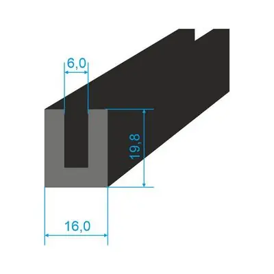 Časově Omezené 00535067 Pryžový profil tvaru "U", 19,8x16/6mm, 70°Sh, EPDM, -40°C/+100°C, černý