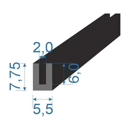 Horká Nabídka 05356011 Pryžový profil tvaru "U", 7,75x5,5/2mm, 70°Sh, EPDM, -40°C/+100°C, černý