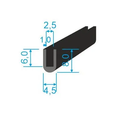 00535008 Pryžový profil tvaru "U", 8x4,5/2,5mm, 70°Sh, EPDM, -40°C/+100°C, černý Dokud Zásoby Vydrží