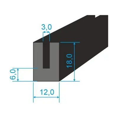 00535205 Pryžový profil tvaru "U", 18x12/3mm, 60°Sh, EPDM, -40°C/+100°C, černý Dokud Zásoby Vydrží