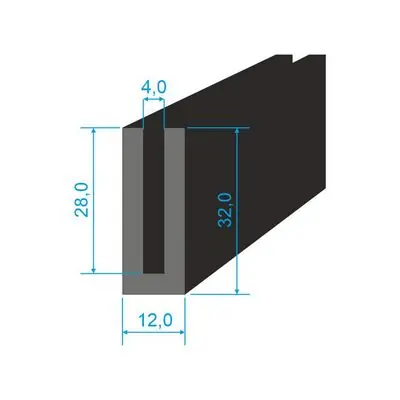 Sleva 05381019 Pryžový profil tvaru "U", 32x12/4mm, 60°Sh, NBR, -40°C/+70°C, černý